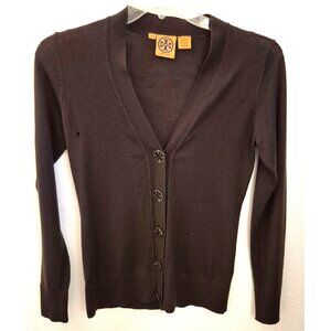Tory Burch 100% Wool Dark Brown V Neck Cardigan, Logo Buttons Sz XS